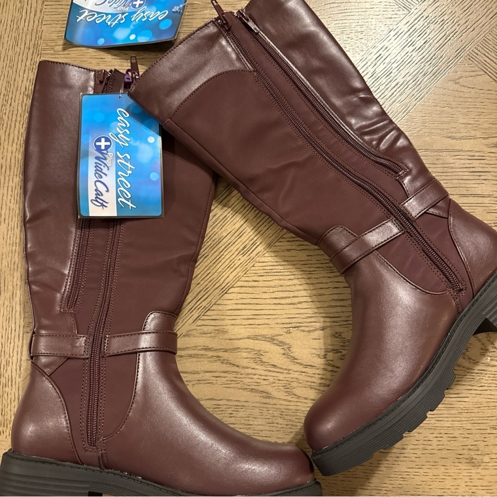 Easy Street Women Erica Burgundy Wide Calf Faux Leather Riding Knee Boots sz 6 - Picture 2 of 4